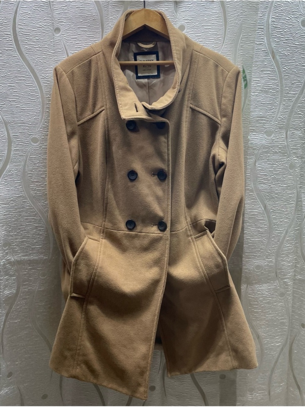 Old Navy Double Breasted Coat‎ Womens XL Camel Tan Wool Blend Funnel Neck